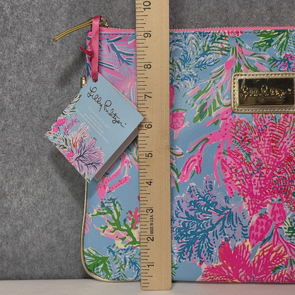Lilly Pulitzer Tech Pouch Set Two-Piece Aqua Floral Pattern "Cay To My Heart" - Picture 2 of 7